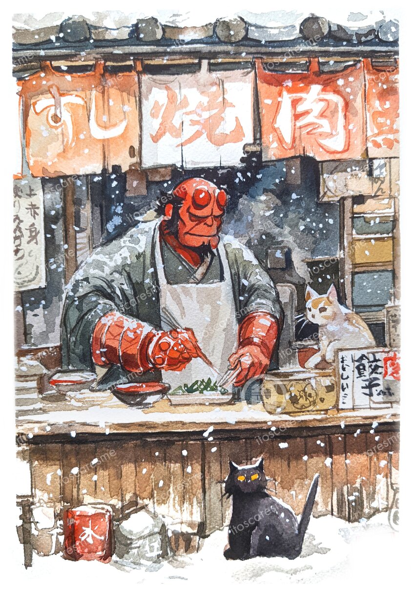 1boy absurdres apron bald bowl cat chopsticks demon_boy demon_horns facial_hair food_stand goatee grey_kimono hellboy hellboy_(comic) highres holding holding_chopsticks horns itoscaresme japan japanese_clothes kimono mutton_chops painting_(medium) signature snowing traditional_media watercolor_(medium) white_apron