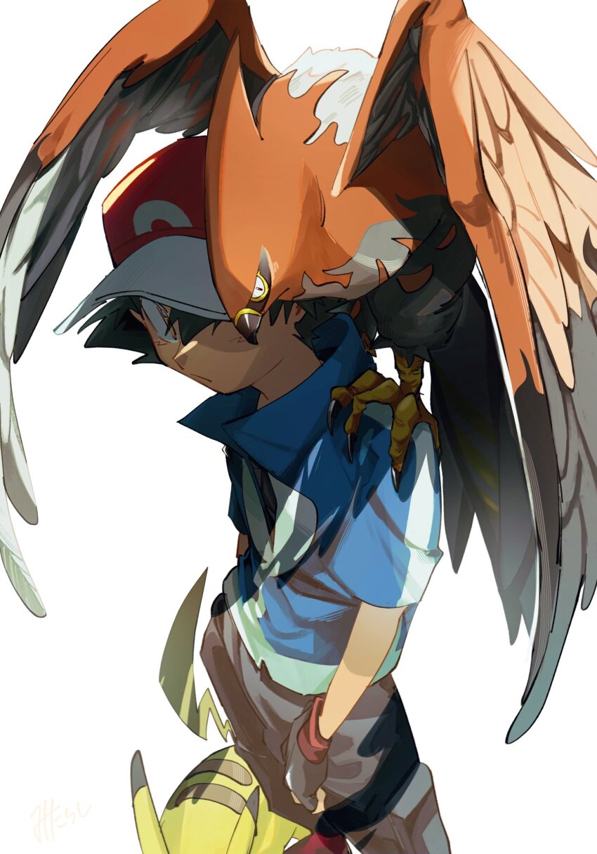 1boy ash_ketchum baseball_cap black_gloves black_hair blue_shirt closed_mouth fingerless_gloves gen_1_pokemon gen_6_pokemon gloves grey_pants hair_between_eyes hat highres looking_at_viewer male_focus nintendo omotikonetemasu on_shoulder orange_eyes pants pikachu pokemon pokemon_(anime) pokemon_(creature) pokemon_on_shoulder pokemon_xy_(anime) red_hat shirt simple_background standing talonflame talons white_background wings