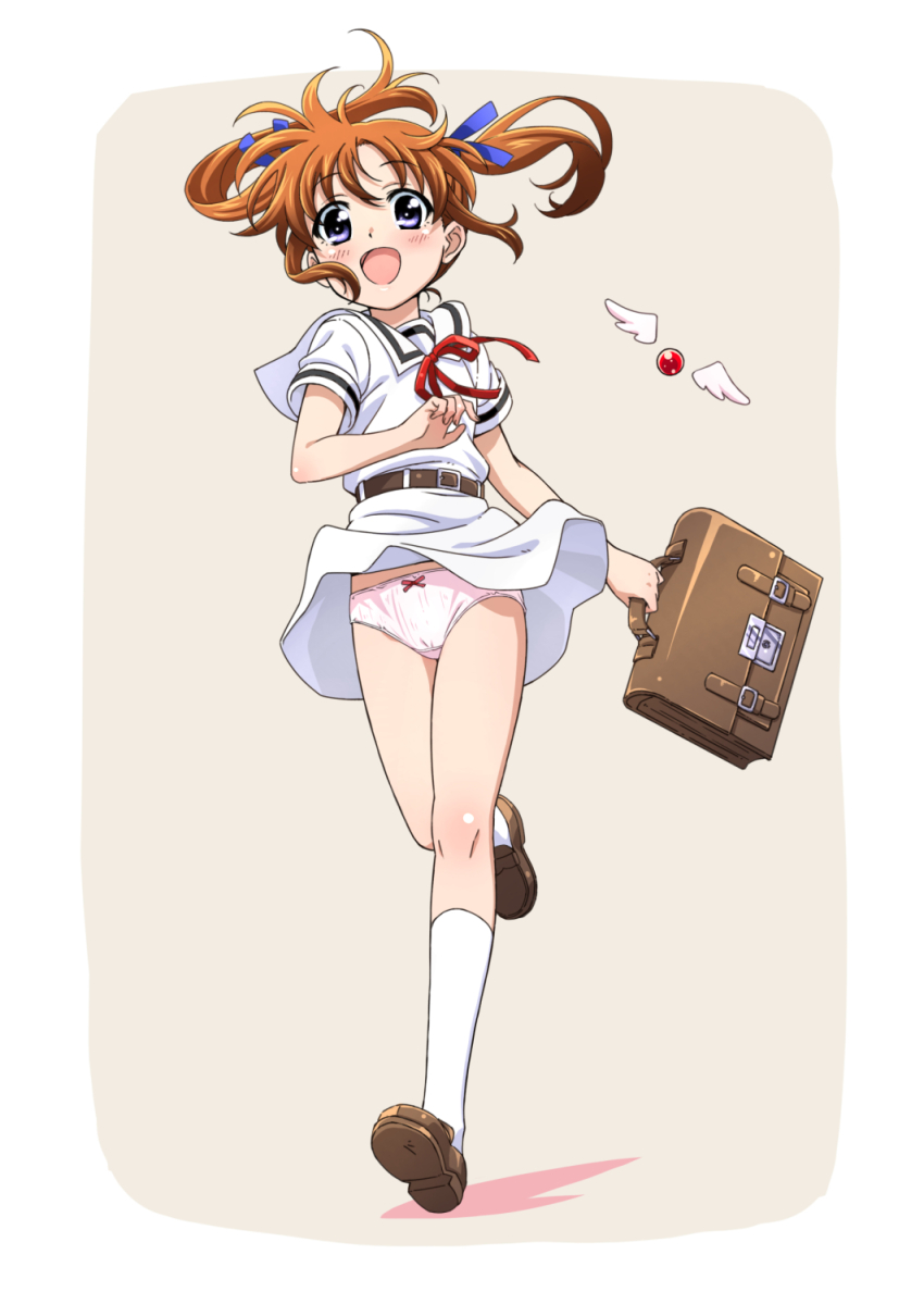1girl belt blue_ribbon blush bow bow_panties briefcase brown_hair crotch_seam floating_hair full_body hair_ribbon highres kneehighs loafers long_hair lyrical_nanoha mahou_shoujo_lyrical_nanoha miyajima_hitoshi neck_ribbon open_mouth panties pantyshot pink_panties purple_eyes raising_heart raising_heart_(standby_mode) red_bow red_ribbon revision ribbon running sailor_collar school_briefcase school_uniform shoes short_sleeves smile socks solo takamachi_nanoha twintails two-tone_background underwear white_socks wind wind_lift