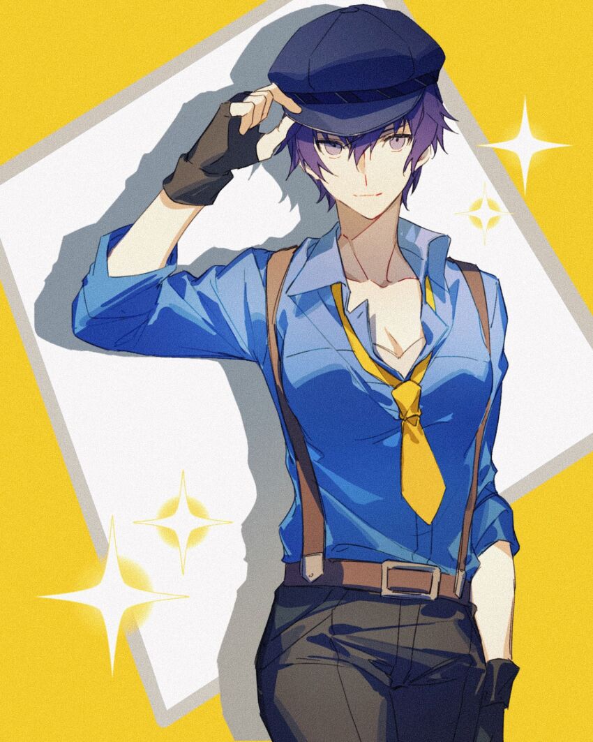 1girl black_gloves black_pants blue_hair blue_hat blue_shirt breasts commentary fingerless_gloves gloves hat highres large_breasts lluyss male_focus necktie pants persona persona_4 shirogane_naoto shirt smile solo sparkle suspenders white_background yellow_background yellow_necktie