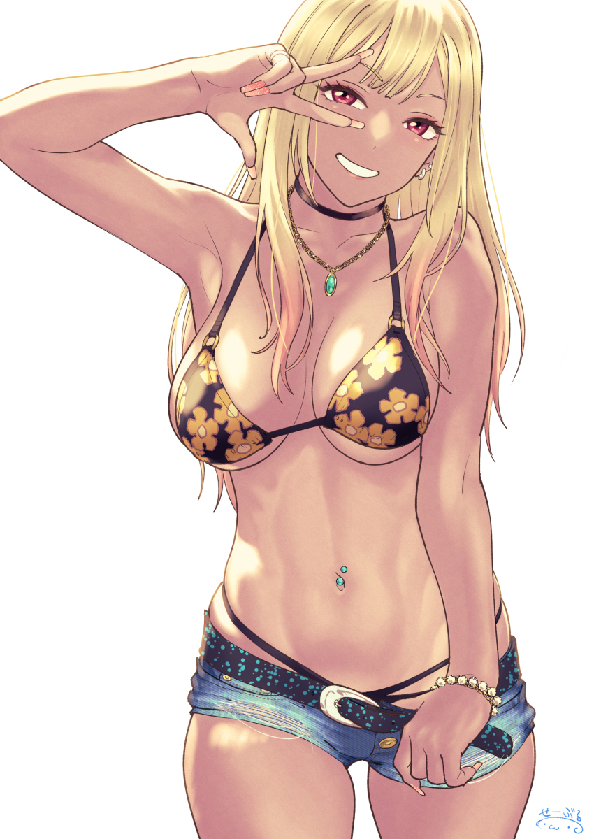 1girl arm_up armpits bare_shoulders belt bikini bikini_top_only black_bikini black_choker blonde_hair blue_shorts blush bracelet breasts breasts_apart choker collarbone commentary_request denim denim_shorts ear_piercing earrings fake_nails floral_print grin gyaru halterneck highres jewelry kitagawa_marin large_breasts long_hair looking_at_viewer muted_color nail_polish navel navel_piercing necklace no_shirt o-ring o-ring_bikini piercing print_bikini red_eyes short_shorts shorts simple_background smile solo sono_bisque_doll_wa_koi_wo_suru stomach suna_(sandworks) swimsuit underboob w w_over_eye white_background