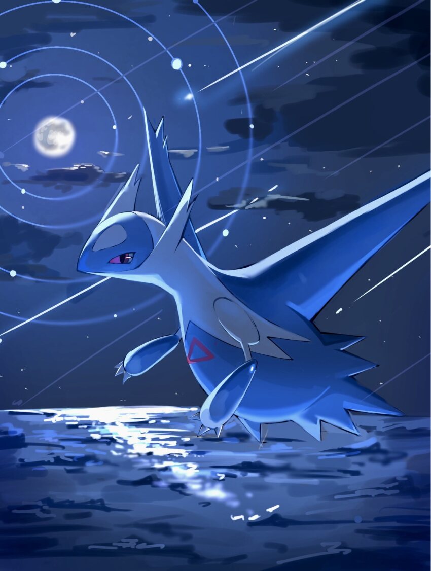 animal_focus claws closed_mouth colored_sclera dragon flying full_body full_moon gen_3_pokemon highres latios legendary_pokemon maripu1023 moon night nintendo no_humans ocean outdoors pokemon pokemon_(creature) pokemon_focus red_eyes red_sclera shooting_star sky solo star_(sky) water