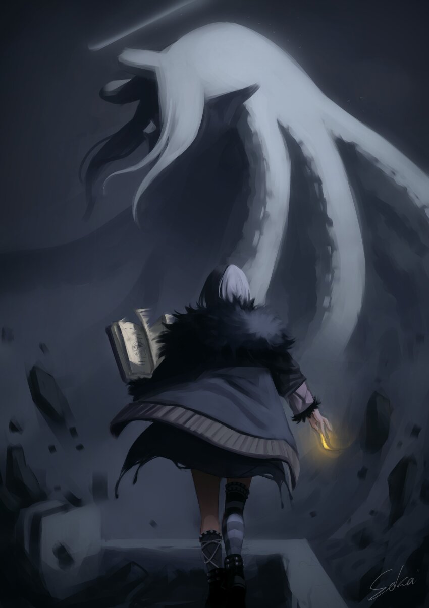 2girls absurdres black_boots black_coat black_hair black_thighhighs book boots coat commentary eldritch_abomination english_commentary fur-trimmed_coat fur_trim grey_hair highres holding holding_book hololive hololive_english imminent_fight multicolored_hair multiple_girls ninomae_ina&#039;nis open_book shiori_novella shiori_novella_(1st_costume) single_thighhigh sokathebaka split-color_hair striped_clothes striped_thighhighs tentacle_hair thighhighs two-tone_hair virtual_youtuber