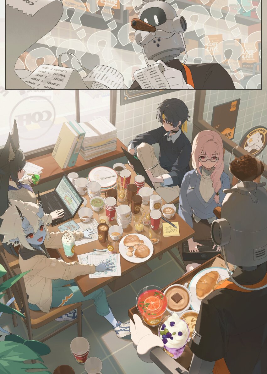 2boys 3girls ? ?? absurdres animal_ear_fluff animal_ears asaba_harumasa black_choker black_hair black_sweater blue_horns blue_oni blue_skin blue_sweater blue_tail blunt_bangs book book_stack braid bread brown_skirt cafe casual choker clutter coffee coffee_beans collared_shirt colored_skin computer crayon cup cup_stack denim disposable_coffee_cup disposable_cup drinking_straw fang food fork fox_ears fox_girl glass glasses hair_between_horns half_up_braid headband highres holding holding_cup holding_pen holding_tray hood hooded_jacket horns hoshimi_miyabi hot_chocolate jacket jeans khaki_pants knee_up laptop latte_art long_sleeves melon_bread melon_soda multicolored_horns multiple_boys multiple_girls oni pants paper pen pink_eyes pink_hair plate plate_stack pointy_ears receipt red_eyes ri_eul_fd ribbed_sweater shirt single_braid sitting skin-covered_horns skin-covered_tail skirt soukaku_(zenless_zone_zero) sticky_note sweat sweater table tin_master_(zenless_zone_zero) tray tsukishiro_yanagi two-tone_horns two-tone_tail v-neck white_hair white_jacket white_shirt white_sweater working yellow_eyes yellow_headband zenless_zone_zero
