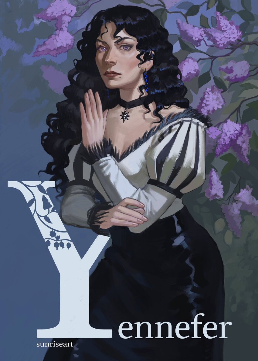 1girl artist_name black_choker black_hair black_skirt character_name choker flower highres long_hair looking_at_viewer purple_eyes purple_flower shirt skirt solo sunriseart3 the_witcher_(series) white_shirt yennefer_of_vengerberg