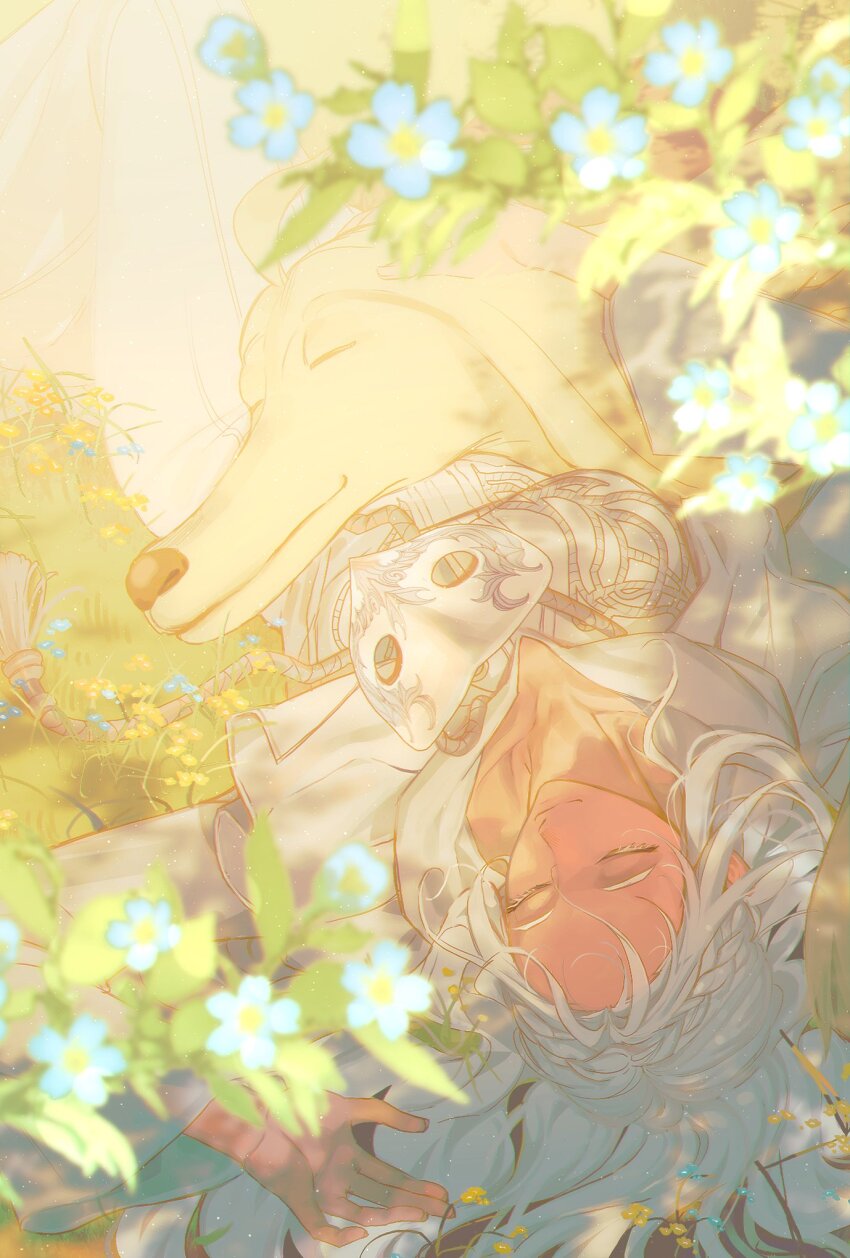 1girl afghan_hound argos_(ff14) blue_flower braid capelet closed_eyes collarbone commentary_request cowboy_shot dappled_sunlight day dog drawstring final_fantasy final_fantasy_xiv flower from_above grass hair_spread_out half_updo highres korean_commentary leaf long_hair lying mask mask_around_neck on_back on_grass outdoors robe shrimp_sandwich single_braid smile sophist&#039;s_robe_(ff14) sunlight unworn_mask venat_(ff14) white_capelet white_hair white_robe