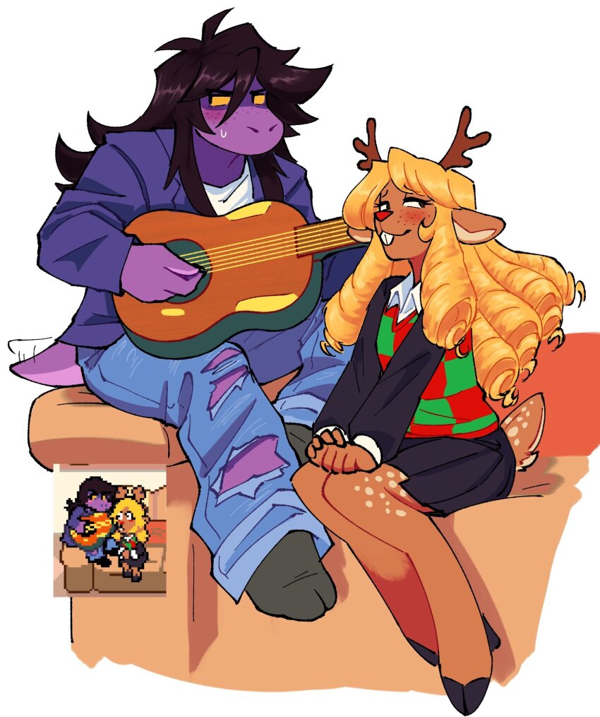 2girls afterimage antlers black_hair black_skirt blonde_hair colored_sclera deer_girl deer_tail deltarune drill_hair game_screenshot_inset guitar highres hooves horns instrument looking_to_the_side lumi_nela multiple_girls noelle_holiday reference_inset short_tail skirt susie_(deltarune) sweatdrop tail tail_wagging yellow_sclera