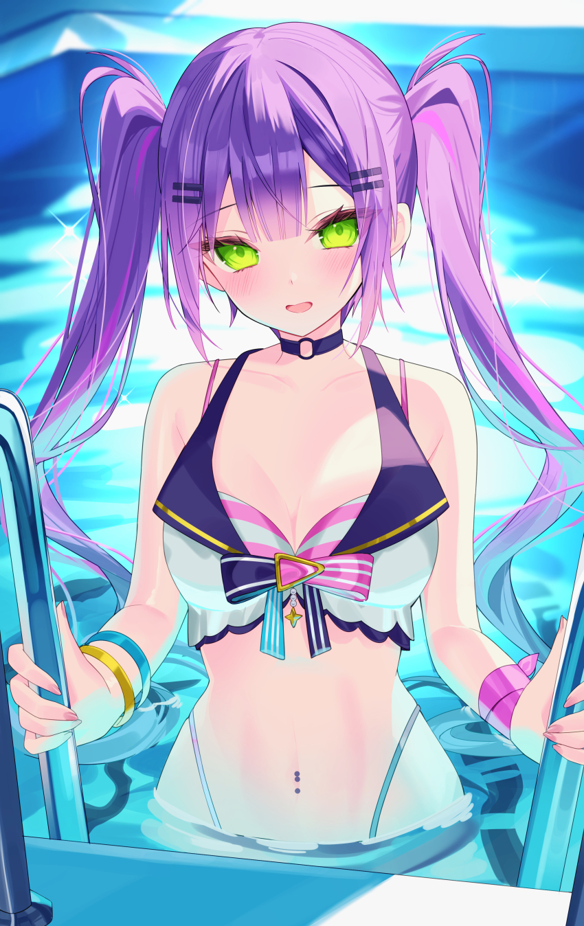 1girl =_hair_ornament absurdres bikini black_choker breasts center-flap_bangs choker cleavage commentary_request demon_girl double-parted_bangs front-tie_bikini_top front-tie_top green_eyes hair_ornament hairclip highleg highleg_bikini highres hololive hololive_summer_2023_swimsuit layered_bikini long_hair looking_at_viewer medium_breasts multicolored_hair navel navel_piercing o-ring o-ring_choker official_alternate_costume open_mouth partially_submerged piercing pink_hair pointy_ears pool purple_hair solo stomach straight-on streaked_hair striped_bikini striped_clothes swimsuit tokoyami_towa twintails ureinnn virtual_youtuber white_bikini