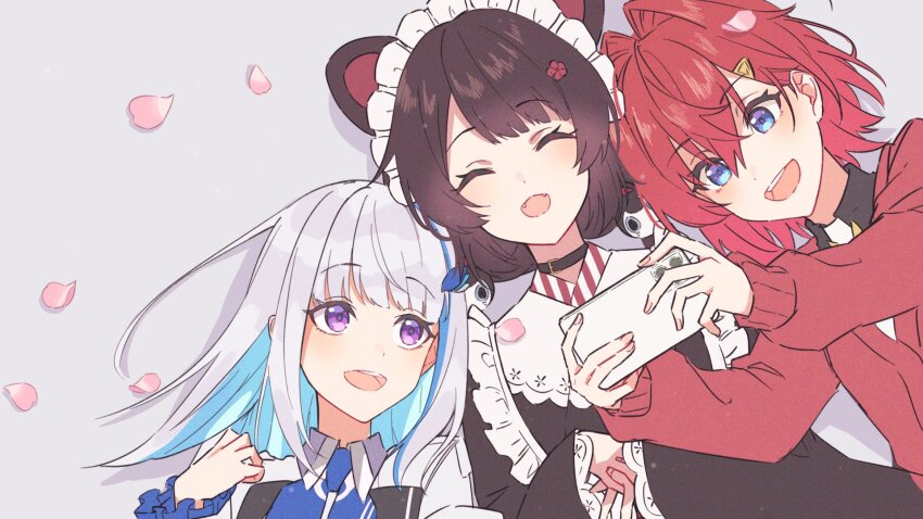 3girls :d ^_^ ange_katrina ange_katrina_(1st_costume) animal_ears animal_hair_ornament blue_eyes blue_hair blue_neckerchief brown_collar brown_hair brown_kimono cardigan cellphone closed_eyes collar colored_inner_hair crossed_bangs dog_ears drop_shadow fangs flower frills grey_background hair_between_eyes hair_flower hair_intakes hair_ornament hands_up highres holding holding_phone inui_toko inui_toko_(1st_costume) jacket japanese_clothes kimono light_blush lize_helesta lize_helesta_(1st_costume) long_hair long_sleeves looking_at_phone looking_at_viewer looking_to_the_side lying maid_headdress multicolored_hair multiple_girls neckerchief nijisanji on_back open_mouth own_hands_together petal_on_head phone pink_petals purple_eyes red_cardigan red_hair sanbaka_(nijisanji) sidelocks smartphone smile streaked_hair talunilu_uu3 teeth triangle_hair_ornament upper_teeth_only virtual_youtuber white_hair white_headdress white_jacket