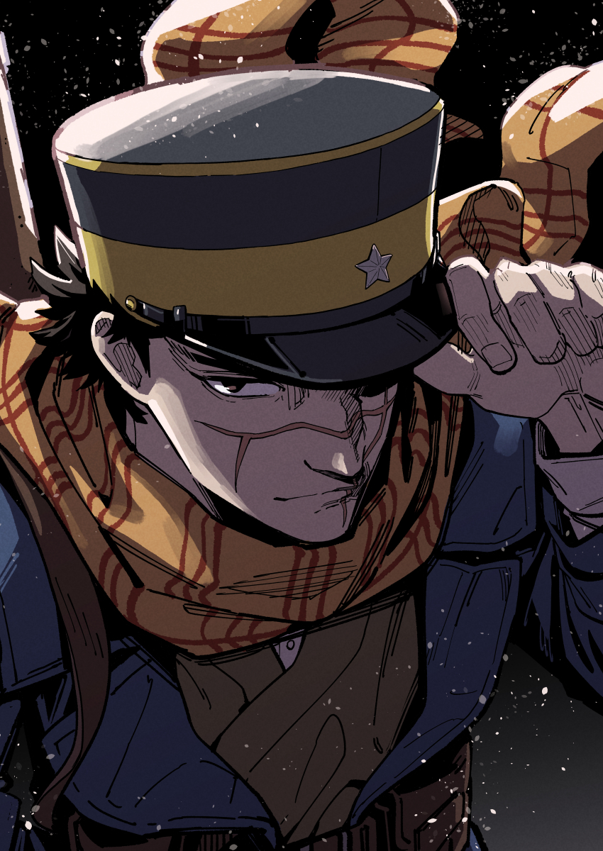 1boy absurdres black_hair facial_scar golden_kamuy hand_on_headwear hat highres imperial_japanese_army kawayabug kepi male_focus military_hat scar scar_on_cheek scar_on_face scar_on_mouth scar_on_nose scarf short_hair solo sugimoto_saichi two-tone_headwear yellow_scarf