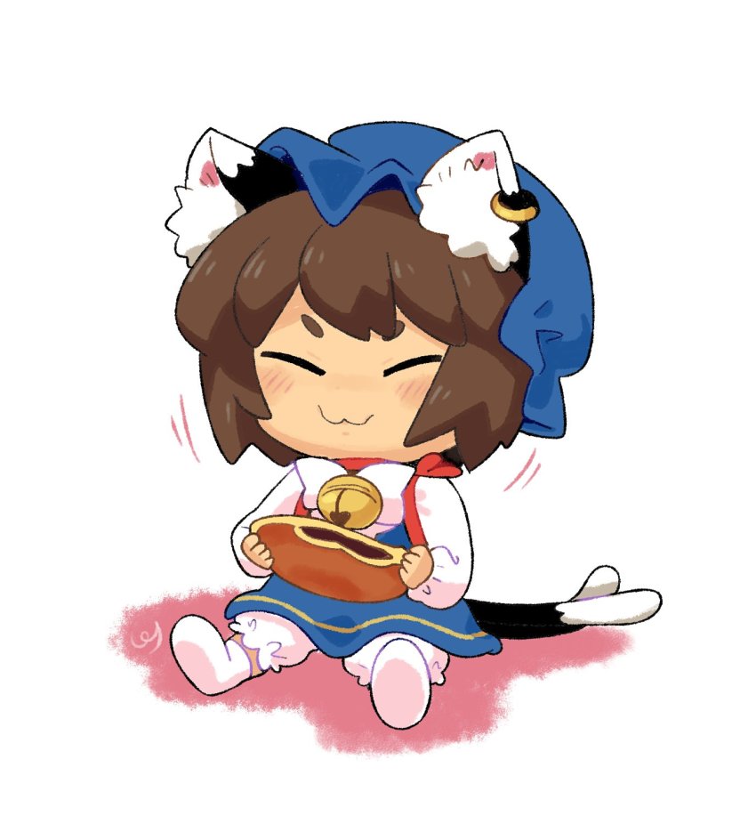 1girl alternate_color animal_ears bell blue_dress bow bowtie brown_hair cat_ears cat_tail chen chibi dress eating closed_eyes food full_body hat highres holding holding_food jingle_bell mob_cap multiple_tails nekomata pmx short_hair sitting solo tail touhou two_tails v-shaped_eyebrows