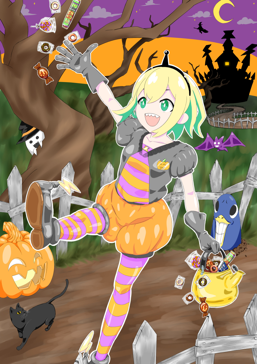 1girl absurdres amano_pikamee bare_tree black_gloves black_hairband blonde_hair boots candy castle cat collarbone colored_inner_hair commentary crescent_moon english_commentary fence food ghost gloves grass green_eyes green_hair gyari_(bird) hairband halloween highres holding jack-o&#039;-lantern kettle matsuta6 moon multicolored_hair night open_mouth orange_pantyhose orange_shirt pantyhose pointy_footwear puffy_short_sleeves puffy_sleeves pumpkin-shaped_pants purple_pantyhose purple_shirt sharp_teeth shirt short_hair short_sleeves standing standing_on_one_leg teeth throwing tree two-tone_hair virtual_youtuber voms witch