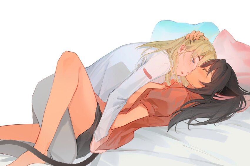 2girls adora_(she-ra) animal_ears black_hair black_shorts blonde_hair blue_eyes cat_ears cat_girl cat_tail catra claws closed_mouth commentary english_commentary hand_on_another&#039;s_head highres long_sleeves lying multiple_girls on_back on_bed open_mouth pants pillow red_shirt she-ra_and_the_princesses_of_power shirt shorts straddling tail white_pants white_shirt yellow_eyes youliqy yuri