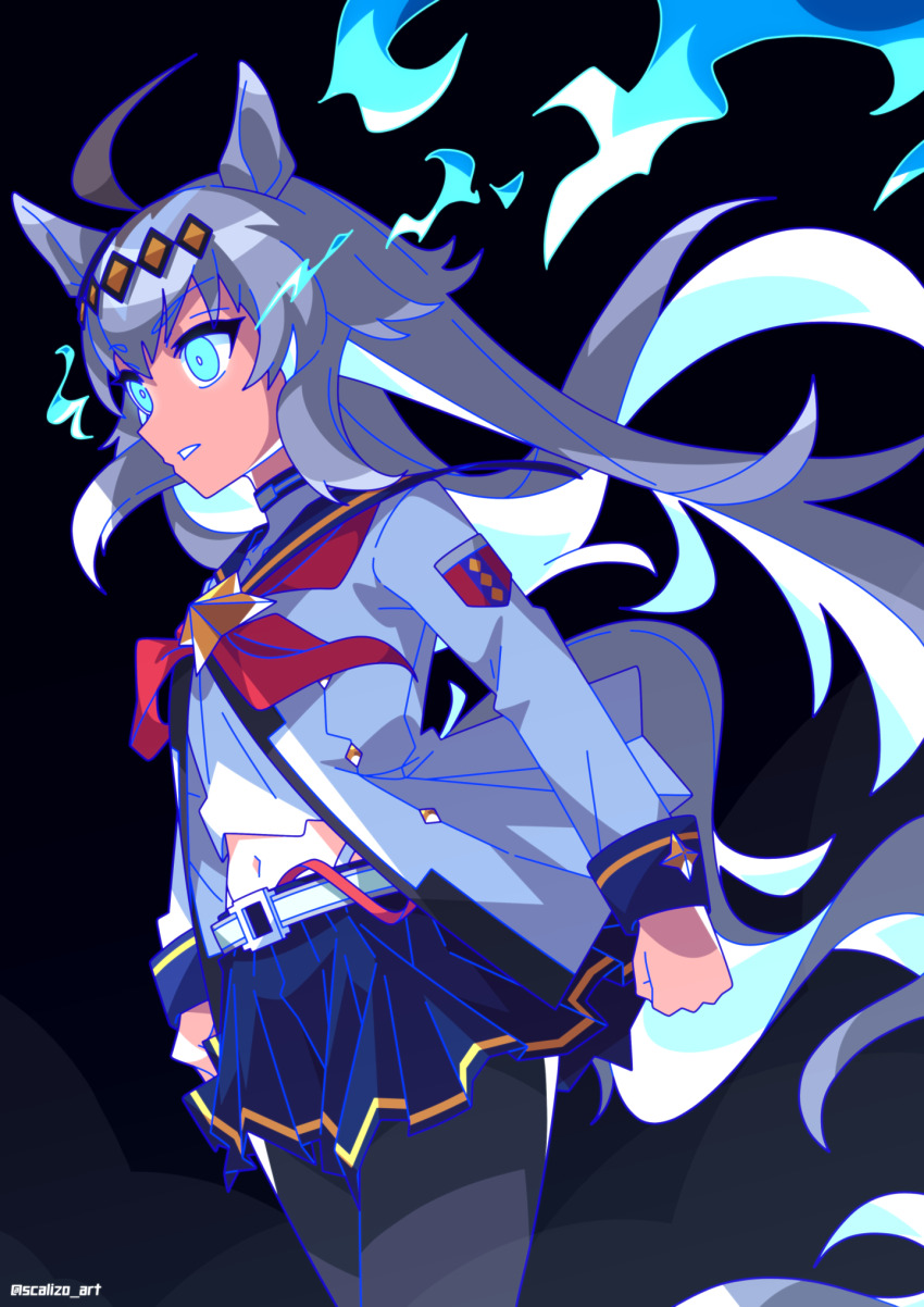 1girl ahoge belt black_background black_pantyhose blue_eyes blue_sailor_collar blue_skirt brooch clothing_cutout commentary cowboy_shot hair_ornament highres horse_girl jewelry long_hair looking_to_the_side miniskirt navel neckerchief oguri_cap_(umamusume) pantyhose parted_lips pleated_skirt red_neckerchief sailor_collar scalizo shirt skirt solo standing star_brooch stomach_cutout umamusume umamusume:_cinderella_gray white_belt white_shirt