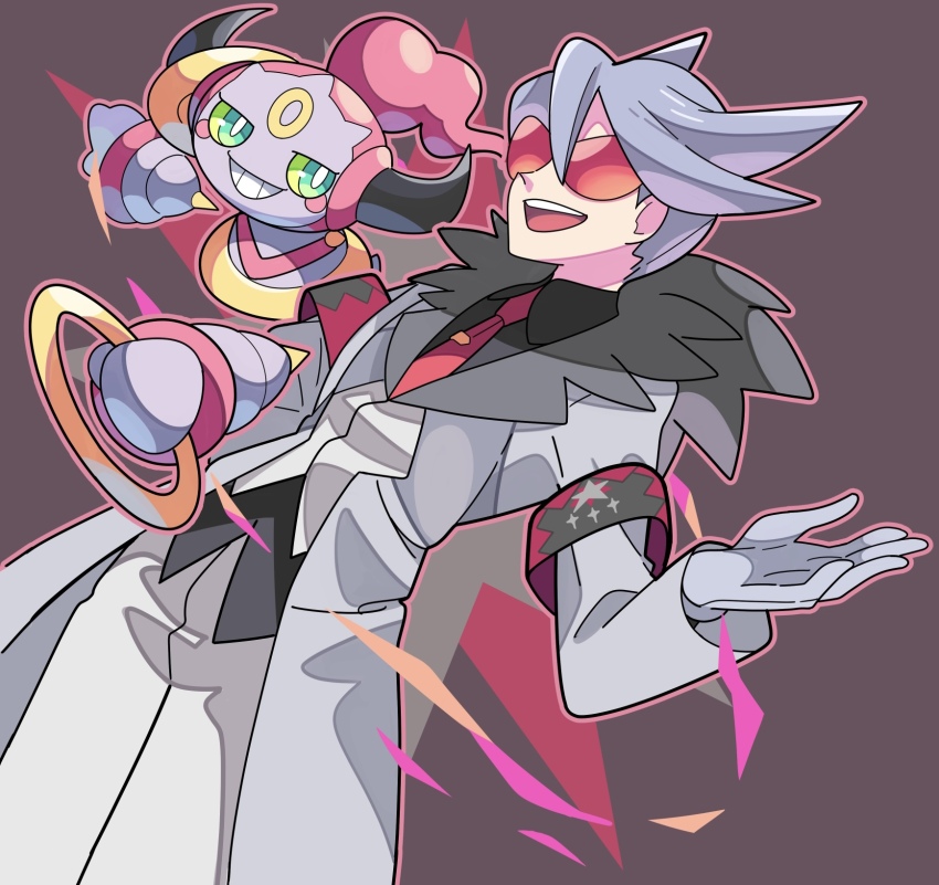 1boy :d armband black_shirt brown_background coat commentary_request fur-trimmed_coat fur_trim gen_6_pokemon gloves highres hoopa lear_(pokemon) legendary_pokemon long_sleeves male_focus mythical_pokemon necktie nintendo open_mouth outline pants pointy_hair pokemon pokemon_(creature) pokemon_masters_ex red-tinted_eyewear red_necktie shirt smile sunglasses sutokame teeth tinted_eyewear tongue upper_teeth_only