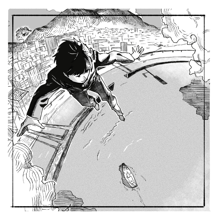 1boy absurdres border building cloud day flying from_above gakuran go-1202 greyscale highres kageyama_shigeo long_sleeves looking_down male_focus midair mob_psycho_100 monochrome mountain ocean outstretched_arms pants school_uniform ship ship_deck shore short_hair smile solo spread_arms watercraft