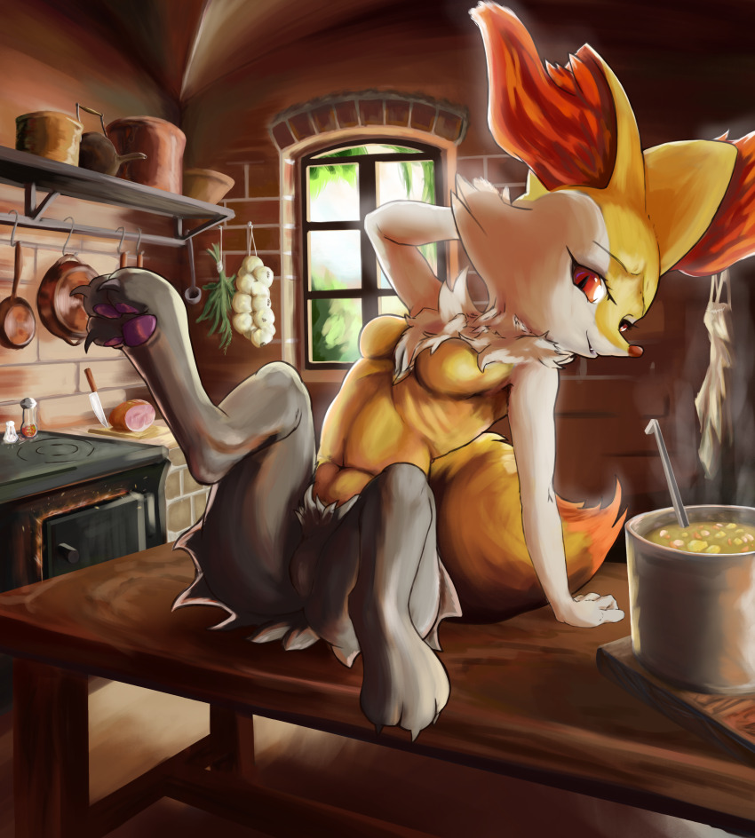 1girl absurdres animal_ear_fluff animal_ears animal_feet animal_nose arm_support arm_up body_fur braixen breasts claws cooking_pot cutting_board day fangs female_focus food fox_ears fox_girl fox_tail frying_pan full_body furry furry_female gen_6_pokemon ham happy highres indoors kettle kitchen kitchen_knife knee_up ladle leaning_forward leg_up legs looking_at_viewer multicolored_fur navel neck_fur nintendo no_nipples no_pussy noconcession on_table open_mouth pawpads pokemon pokemon_(creature) presenting raised_eyebrows red_eyes ribs salt_shaker sitting slit_pupils small_breasts smile snout solo soup spread_legs steam stomach stove table tail window