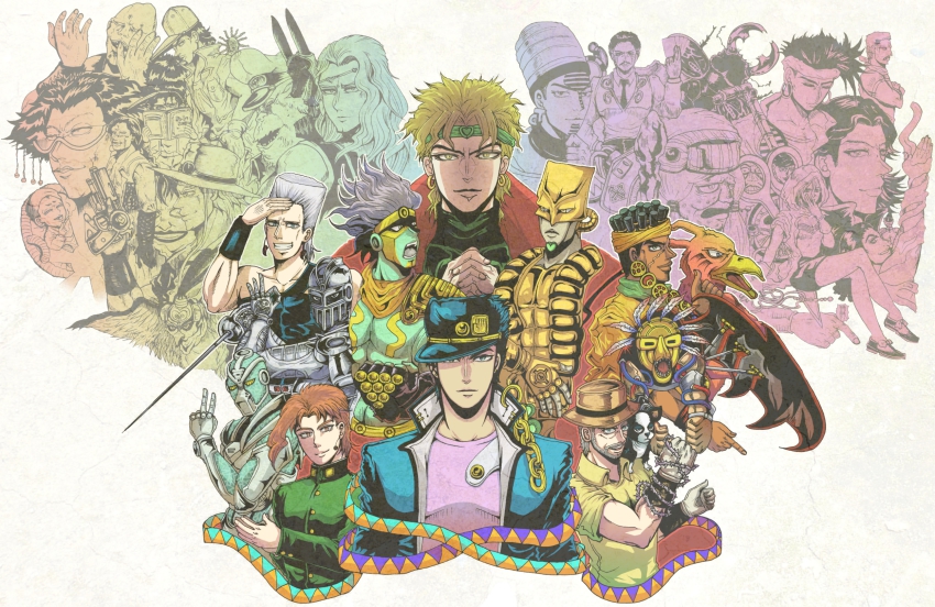 2girls 6+boys alessi anubis_(stand) bad_id bad_pixiv_id boingo captain_tennille daniel_j._d&#039;arby dark-skinned_male dark_skin devo dio_brando dog emperor_(stand) enya_geil everyone forever_(jojo) gray_fly_(jojo) hermit_purple hierophant_green high_priestess_(stand) highres hol_horse iggy_(jojo) imposter_captain_tennille j._geil j_geil jean_pierre_polnareff jojo_no_kimyou_na_bouken joseph_joestar joseph_joestar_(old) kakyoin_noriaki kuujou_joutarou magician&#039;s_red mannish_boy mariah_(jojo) midler mohammed_avdol multiple_boys multiple_girls muscular n&#039;doul oingo pet_shop rubber_soul silver_chariot stand_(jojo) star_platinum steely_dan terence_t._d&#039;arby the_fool_(stand) the_world thoth_(stand) tower_of_grey_(stand) vanilla_ice yellow_temperance yuuya_(hakkoniwa)