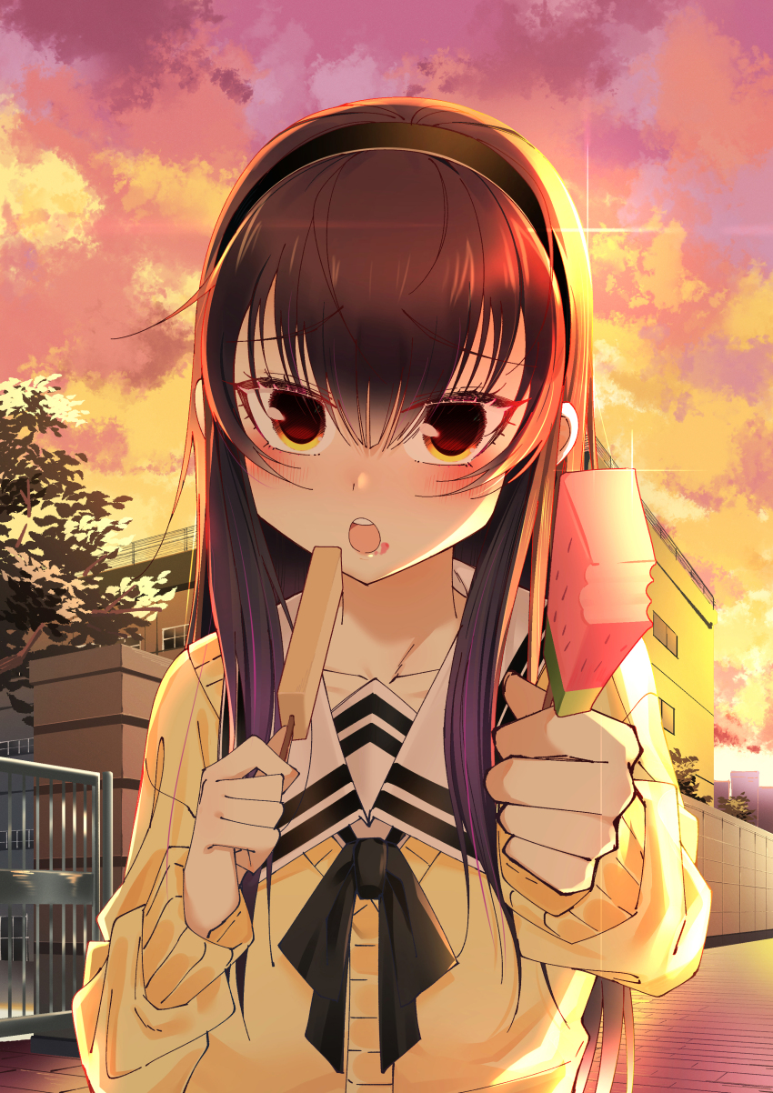 1girl absurdres black_bow black_bowtie black_hair black_hairband bow bowtie building cardigan cloud cloudy_sky food food_on_face gate hair_between_eyes hair_over_shoulder hairband highres holding holding_food holding_popsicle ice_cream incoming_food kimi_to_kanojo_to_kanojo_no_koi. kokosen long_hair looking_at_viewer nitroplus open_mouth popsicle sailor_collar school_uniform serafuku sky solo sone_miyuki standing straight_hair sunlight sunset tree white_sailor_collar white_serafuku window yellow_cardigan
