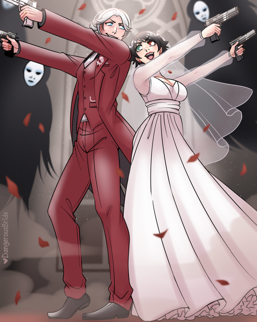 1boy 1girl artist_name blue_eyes bridal_veil bride dangerousbride dante_(devil_may_cry) demon devil_may_cry_(series) dress green_eyes gun handgun heterochromia highres holding holding_gun holding_weapon jacket lady_(devil_may_cry) pants petals red_eyes red_jacket red_pants red_vest see-through_clothes see-through_sleeves sin_scissors tuxedo veil vest weapon wedding_dress white_dress