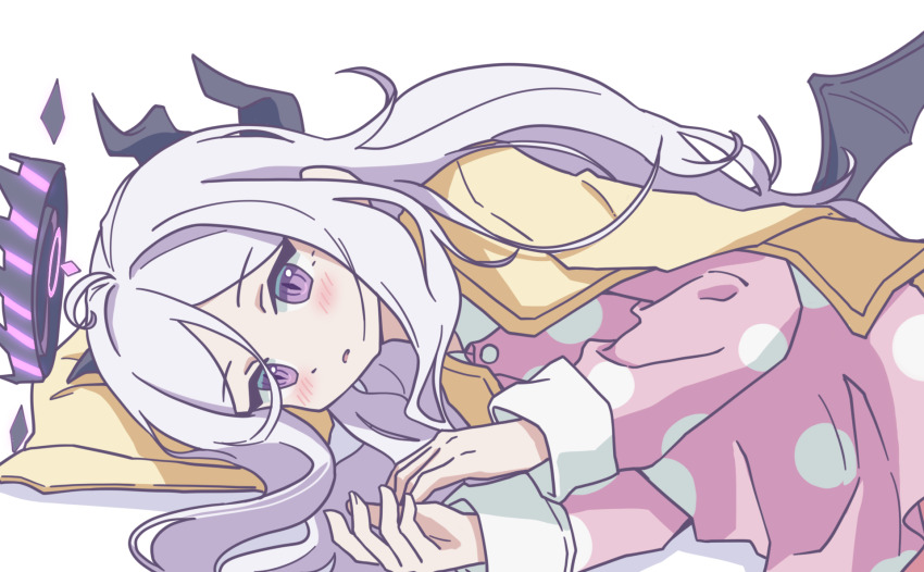 1girl ahoge black_halo blue_archive demon_girl demon_horns demon_wings halo highres hina_(blue_archive) hina_(pajamas)_(blue_archive) horns jacket long_hair lying mocha033 on_side pajamas pillow pink_pajamas polka_dot polka_dot_pajamas simple_background solo white_background white_hair wings yellow_jacket