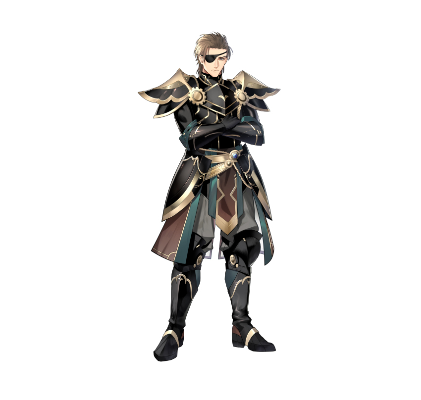 1boy absurdres armor artist_request brown_hair commentary_request crossed_arms eyepatch fire_emblem fire_emblem:_radiant_dawn fire_emblem_heroes full_body haar_(fire_emblem) haar_(resplendent)_(fire_emblem) hair_slicked_back highres male_focus nintendo official_art simple_background solo standing white_background