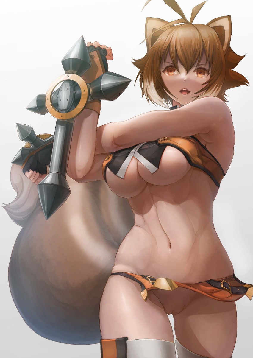1girl abs absurdres animal_ears antenna_hair armpits bare_shoulders black_gloves black_shorts blazblue breasts brown_eyes brown_hair clenched_hands commentary cowboy_shot crop_top dai_toro dual_wielding fingerless_gloves gloves hair_between_eyes hand_up highres holding large_breasts looking_at_viewer makoto_nanaya multicolored_hair navel no_bra no_panties open_mouth orange_shirt orange_skirt pussy revealing_clothes shirt short_hair shorts sidelocks simple_background skirt sleeveless sleeveless_shirt solo squirrel_ears squirrel_girl squirrel_tail stomach stretching tail teeth thighhighs third-party_edit thong tonfa two-tone_hair underboob upper_teeth_only weapon white_background white_thighhighs