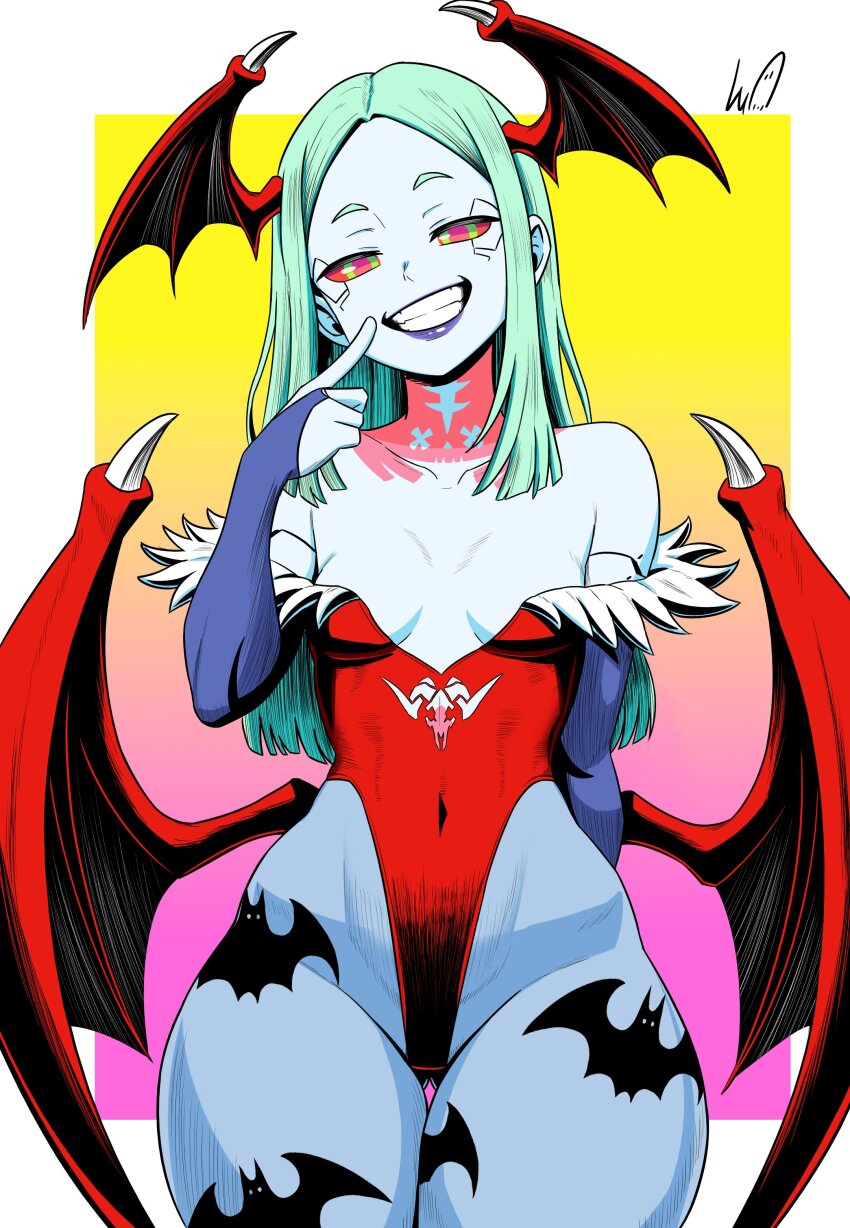 1girl absurdres animal_print artificial_eye bare_shoulders bat_print bat_wings blue_pantyhose border breasts bridal_gauntlets cleavage clothing_cutout colored_sclera colored_skin cosplay cutout_above_navel cyberpunk:_edgerunners cyberpunk_(series) cyberpunk_2077 cyborg darkstalkers flat_chest gradient_background green_hair head_wings highleg highleg_leotard highres leotard lilith_(darkstalkers) lilith_(darkstalkers)_(cosplay) looking_at_viewer lughost mechanical_eye neck_tattoo pantyhose pink_background pink_tattoo print_pantyhose rebecca_(cyberpunk) red_leotard red_pupils red_sclera small_breasts smile solo stomach_tattoo tattoo white_border white_skin wings yellow_background