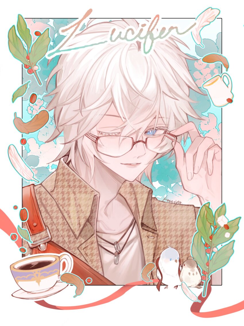 1boy 2others adjusting_eyewear ahoge apron bird bishounen blue_eyes coffee collarbone colored_eyelashes dress_shirt english_text falling_feathers feathers granblue_fantasy hair_between_eyes highres holly houndstooth inset jacket jewelry lucifer_(shingeki_no_bahamut) male_focus messy_hair multiple_others mumeihsm necklace official_alternate_costume one_eye_closed red-framed_eyewear red_apron shirt short_hair smile solo sparrow tree upper_body white_hair