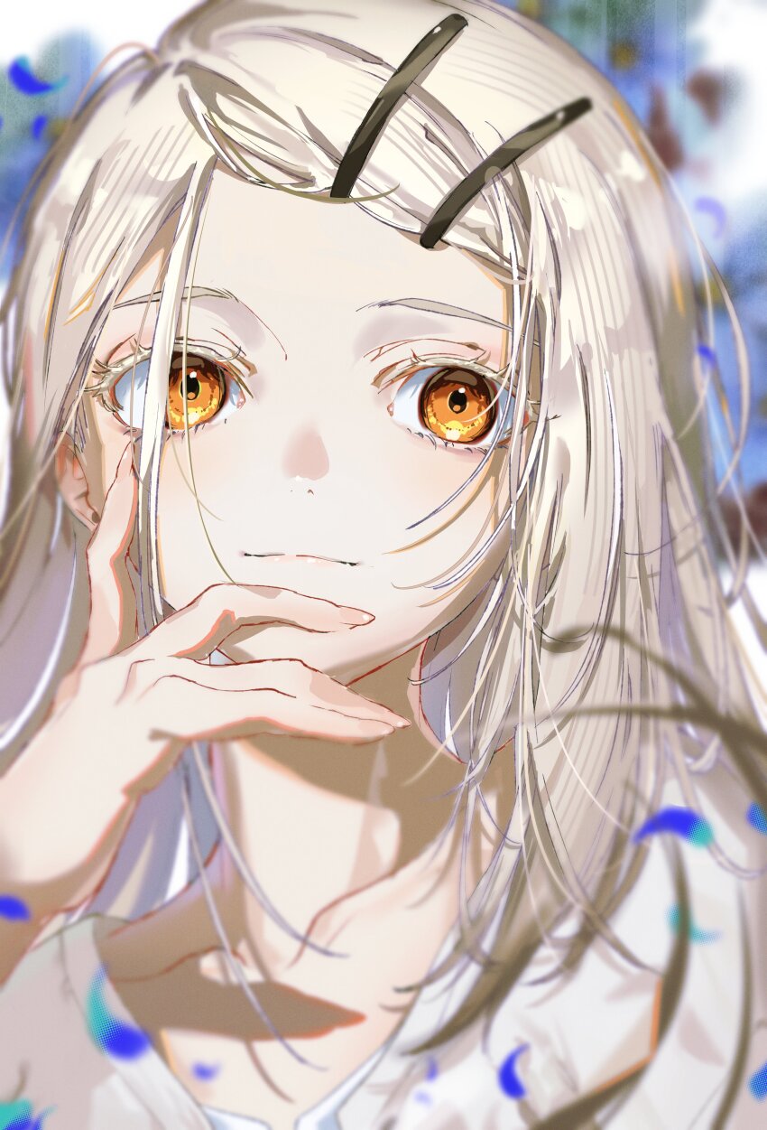 1girl absurdres blonde_hair blurry blush depth_of_field gakuen_idolmaster hand_on_own_face hanozuku highres idolmaster light_smile long_hair looking_to_the_side orange_eyes petals shinosawa_hiro solo upper_body