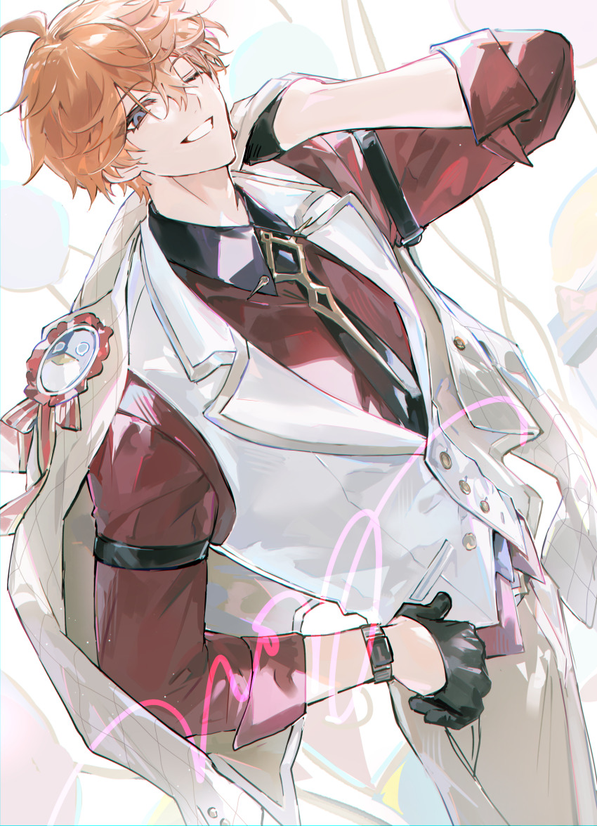 1boy absurdres black_gloves black_necktie blue_eyes collared_shirt genshin_impact gloves hair_between_eyes highres long_sleeves looking_at_viewer male_focus mors_gn necktie orange_hair shirt short_hair smile solo tartaglia_(genshin_impact) wristband