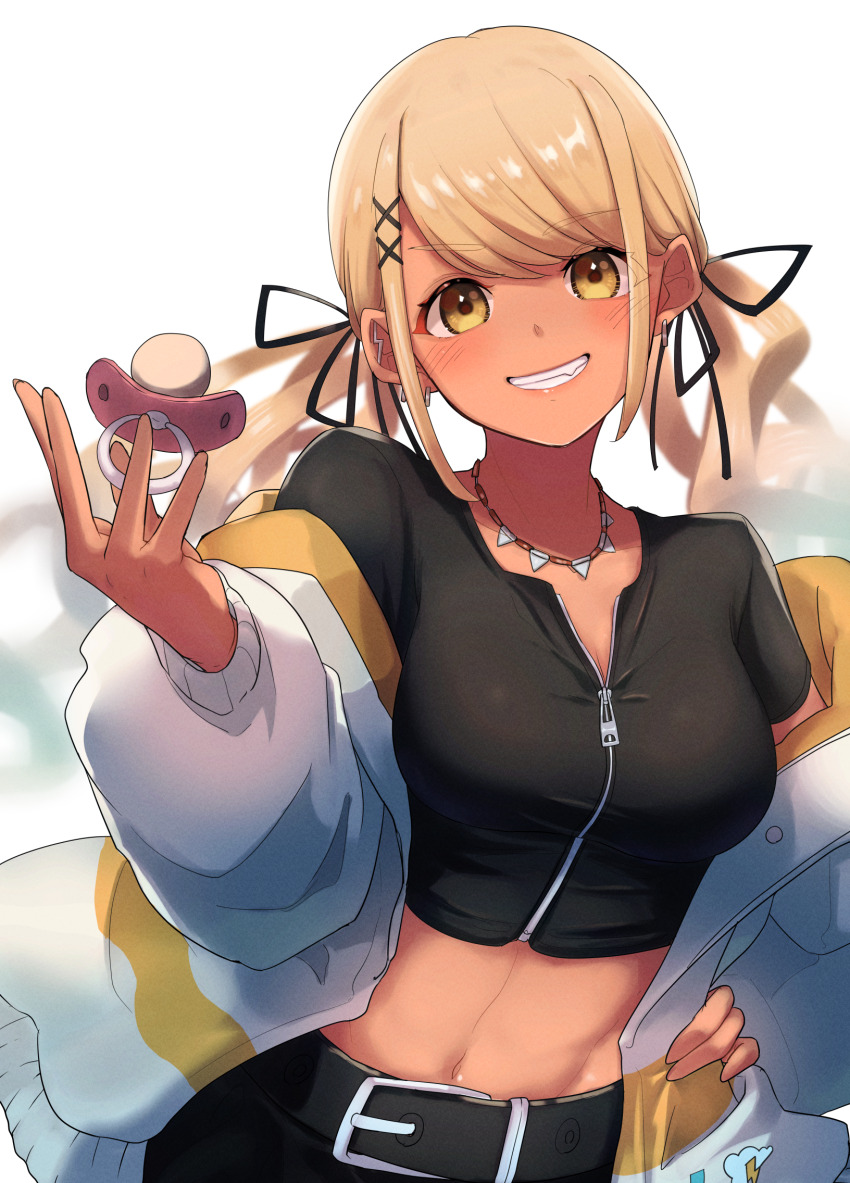 1girl belt black_belt black_jacket black_pants black_ribbon blonde_hair breasts cleavage dark-skinned_female dark_skin ear_piercing earrings fang grin hair_ornament hair_ribbon hand_on_own_hip highres jacket jewelry kaminari_qpi kaminari_qpi_(2nd_costume) lightning_bolt_earrings lightning_bolt_symbol long_hair looking_at_viewer maru_0426 medium_breasts midriff navel necklace off_shoulder open_clothes open_jacket pacifier pants piercing ribbon smile solo swept_bangs twintails virtual_youtuber vspo! white_jacket x_hair_ornament zipper zipper_pull_tab