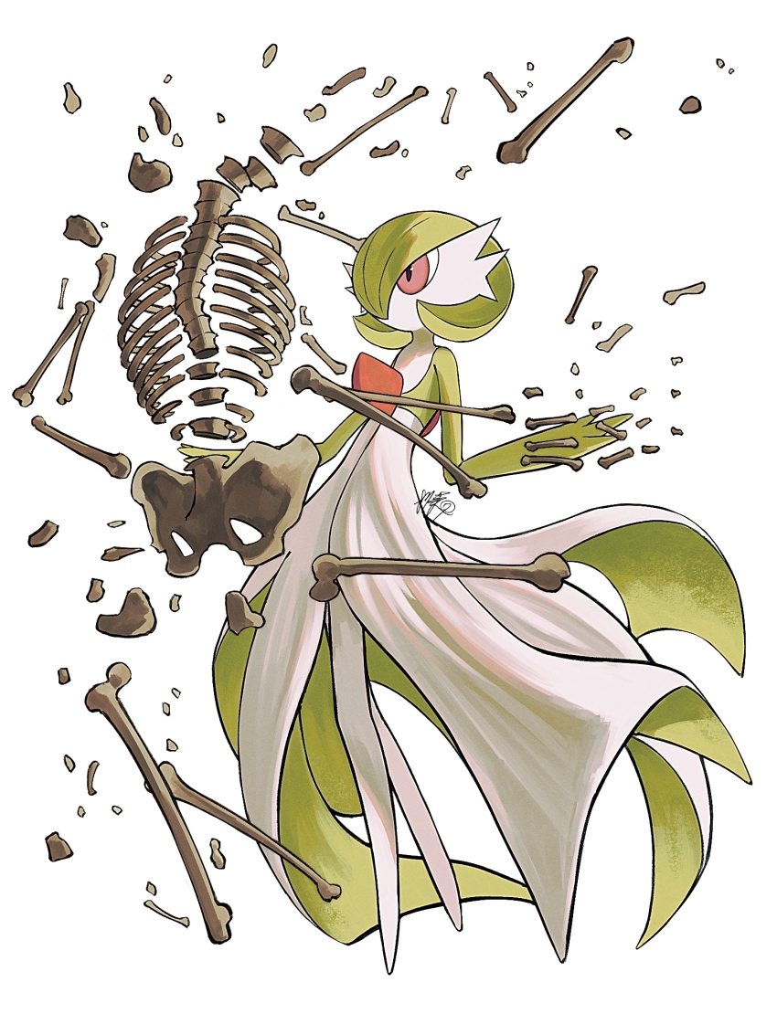 1girl artist_name bob_cut bone breaking colored_skin female_focus flat_chest full_body gardevoir gen_3_pokemon green_hair green_skin hair_over_one_eye hands_up highres kuchiba_(jret2454) legs multicolored_skin nintendo no_feet no_mouth one_eye_covered pelvis pokemon pokemon_(creature) red_eyes short_hair signature simple_background skeleton solo spine standing two-tone_skin white_background white_skin
