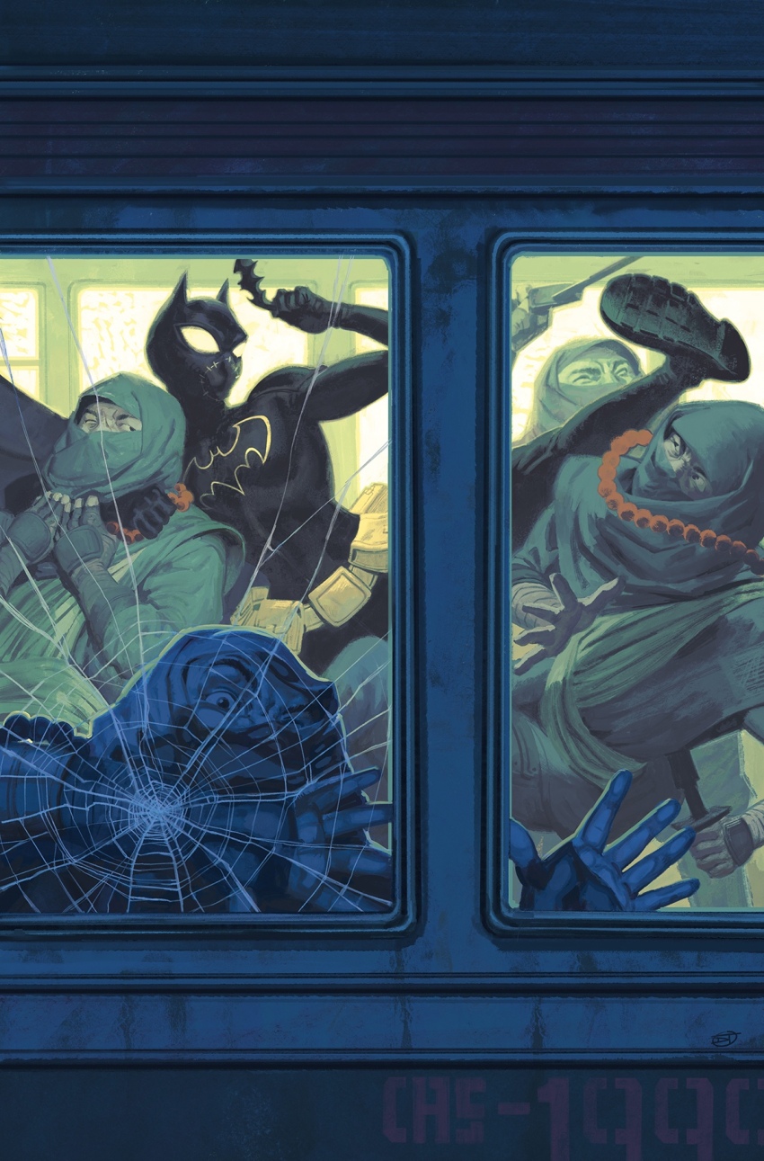 1girl 4boys batarang batgirl belt black_bodysuit bodysuit breasts cassandra_cain comic_cover david_talaski dc_comics highres kicking multiple_boys ninja official_art skin_tight small_breasts superhero_costume textless_version train utility_belt