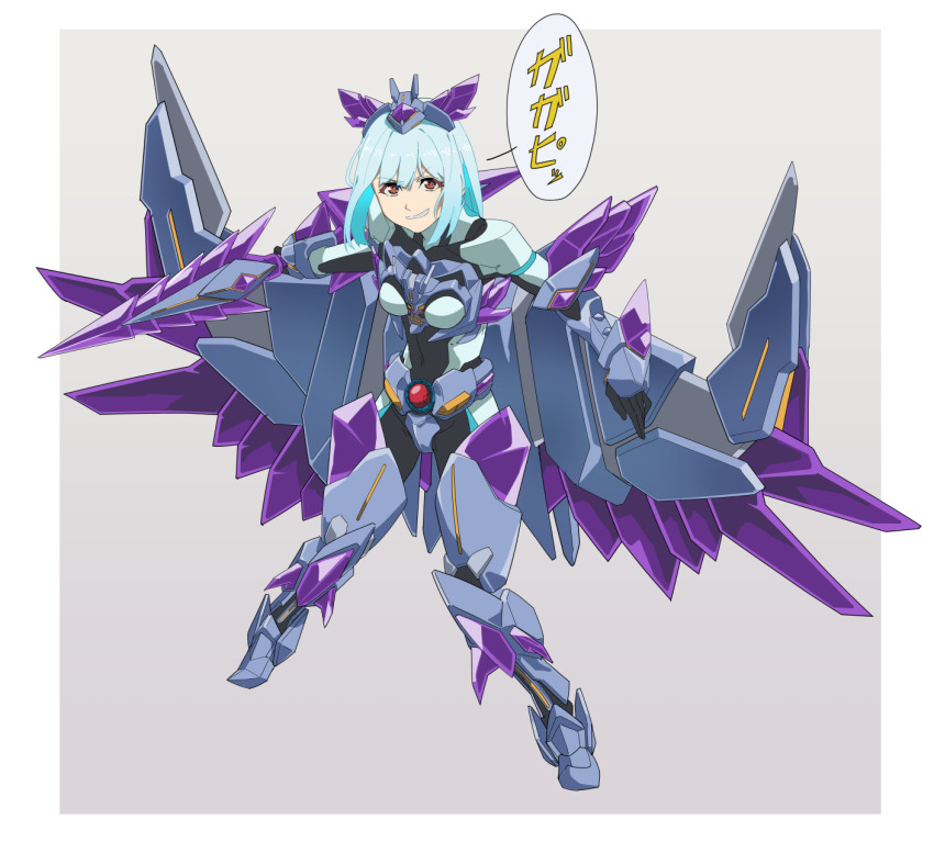 1girl black_gloves blue_hair brown_eyes commentary_request exocet_(exocet4) gloves grey_background grin headgear highres light_blue_hair long_hair lulu_(bang_bravern) mecha_musume smile solo translation_request weapon yuuki_bakuhatsu_bang_bravern