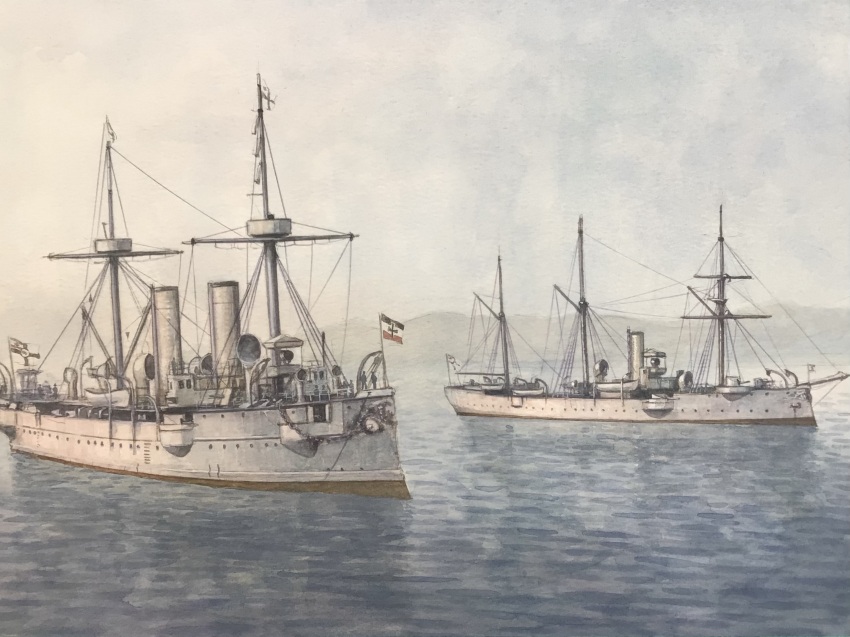 atelier_bono flag highres imperial_german_navy imperial_war_flag ironclad mast military_vehicle no_humans ocean original painting_(medium) ship sky smokestack traditional_media vehicle_focus warship watercolor_(medium) watercraft