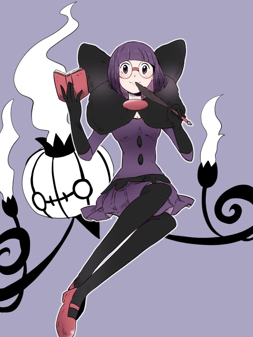 1girl black_collar blunt_bangs bob_cut book bow breasts buttons chandelier collar commentary_request elbow_gloves ghost glasses gloves highres holding holding_book holding_pen large_bow low-cut mary_janes medium_breasts mizuto_(o96ap) nintendo orange_shoes pantyhose pen pokemon pokemon_(creature) pokemon_bw purple_eyes purple_hair purple_skirt rimless_eyewear round_eyewear shauntal_(pokemon) shoes short_hair skirt smile