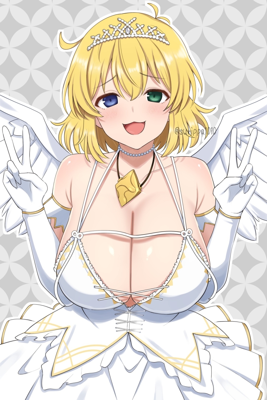 1girl artist_name blonde_hair blue_eyes blush breasts cleavage collarbone commentary commission double_v dress elbow_gloves feathered_wings glint gloves green_eyes grey_background hair_between_eyes hands_up heterochromia highres huge_breasts jewelry looking_at_viewer medium_hair necklace open_mouth pearl_necklace ryouna_(senran_kagura) senran_kagura skeb_commission sleeveless sleeveless_dress smile solo surippa1010 twitter_username v white_dress white_gloves white_tiara white_wings wings