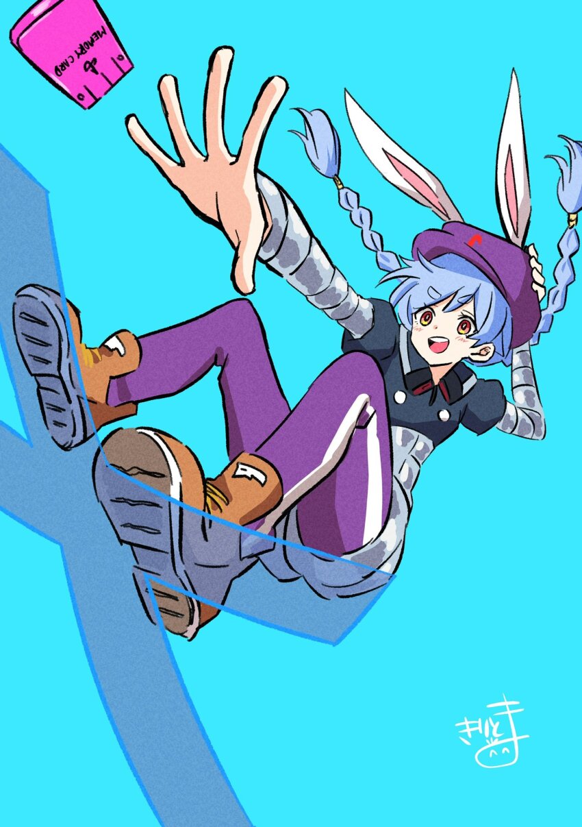 1girl :d animal_ears arm_up black_shirt blue_background blue_hair boots braid brown_boots collared_shirt commentary copyright_request flat_cap full_body grey_shorts hand_on_headwear hat highres hololive kiritoma long_hair open_mouth pantyhose pantyhose_under_shorts puffy_short_sleeves puffy_sleeves purple_hat purple_pantyhose rabbit_ears shirt shoe_soles short_shorts short_sleeves shorts signature simple_background smile solo twin_braids twintails usada_pekora very_long_hair virtual_youtuber