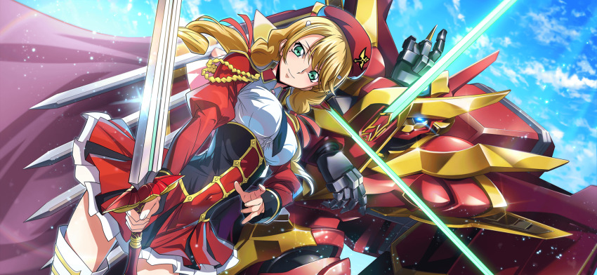 1girl arm_blade artist_request beret black_necktie blonde_hair blue_eyes blue_sky boots breasts brooch cape closed_mouth cloud code_geass code_geass:_lost_stories code_geass:_soubou_no_oz corset covered_navel day drill_hair dutch_angle eye_trail female_focus game_cg glint gold_trim green_eyes hair_ornament hair_ribbon hairclip happy hat high-waist_skirt highres holding holding_sword holding_weapon jewelry juliet_sleeves lancelot_(code_geass) lancelot_grail light_particles light_trail long_hair long_sleeves looking_at_viewer mecha medium_breasts military_uniform miniskirt mole mole_under_eye necktie non-web_source official_art oldrin_zevon outdoors pink_gemstone pleated_skirt puffy_sleeves purple_cape red_hat red_ribbon red_skirt ribbon robot shirt shrug_(clothing) sidelocks skirt sky smile solo standing swept_bangs sword thigh_boots thighhighs twin_drills twintails weapon white_boots white_shirt zettai_ryouiki