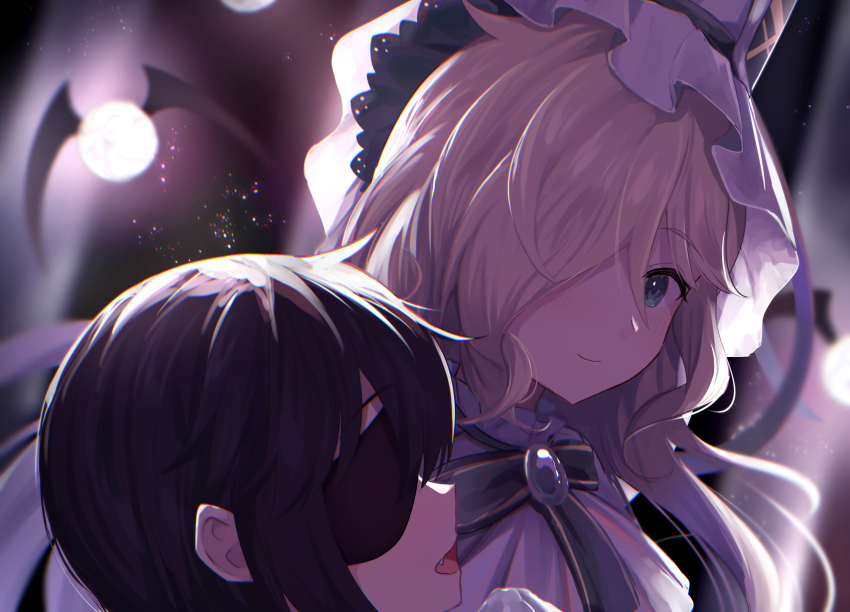 black_hair blue_eyes eyepatch head_only highres kure_kirika long_hair looking_at_another looking_at_viewer mahou_shoujo_madoka_magica mahou_shoujo_oriko_magica medium_hair mikuni_oriko mikuni_oriko_(final_ver.) one_eye_covered portrait shadow suzugahama