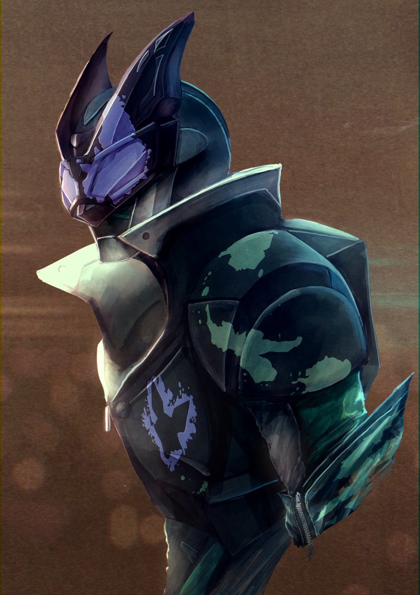 1boy alternate_footwear animal_ears armor black_armor brown_background dark_foreground highres jackal jackal_ears jackal_genome kamen_rider kamen_rider_evil kamen_rider_revice kozsen_810290 male_focus purple_eyes sky splatter splatter_print tokusatsu upper_body villain_pose weapon
