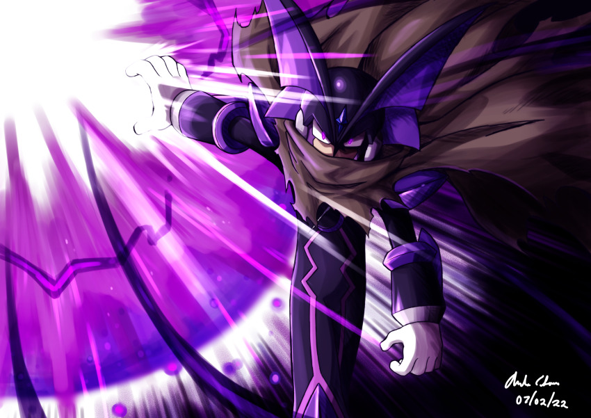 1boy absurdres alternate_color bass.exe_(mega_man) cloak commentary covered_mouth energy_ball english_commentary full_body gloves highres innovator123 looking_at_viewer male_focus mega_man_(series) mega_man_battle_network mega_man_battle_network_(series) purple_eyes solo white_gloves