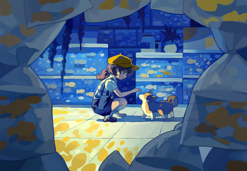 1girl absurdres bag brown_hair chaojufei commentary dog fish fish_bag fish_tank from_side goldfish hat highres original plastic_bag ponytail short_ponytail slav_squatting squatting yellow_hat