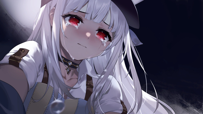 1girl animal_ears artist_request check_artist choker closed_mouth crying ein_lee extra_ears game_cg highres long_hair non-web_source rabbit_ears rabbit_girl red_eyes short_sleeves tevi tevi_(character) white_hair