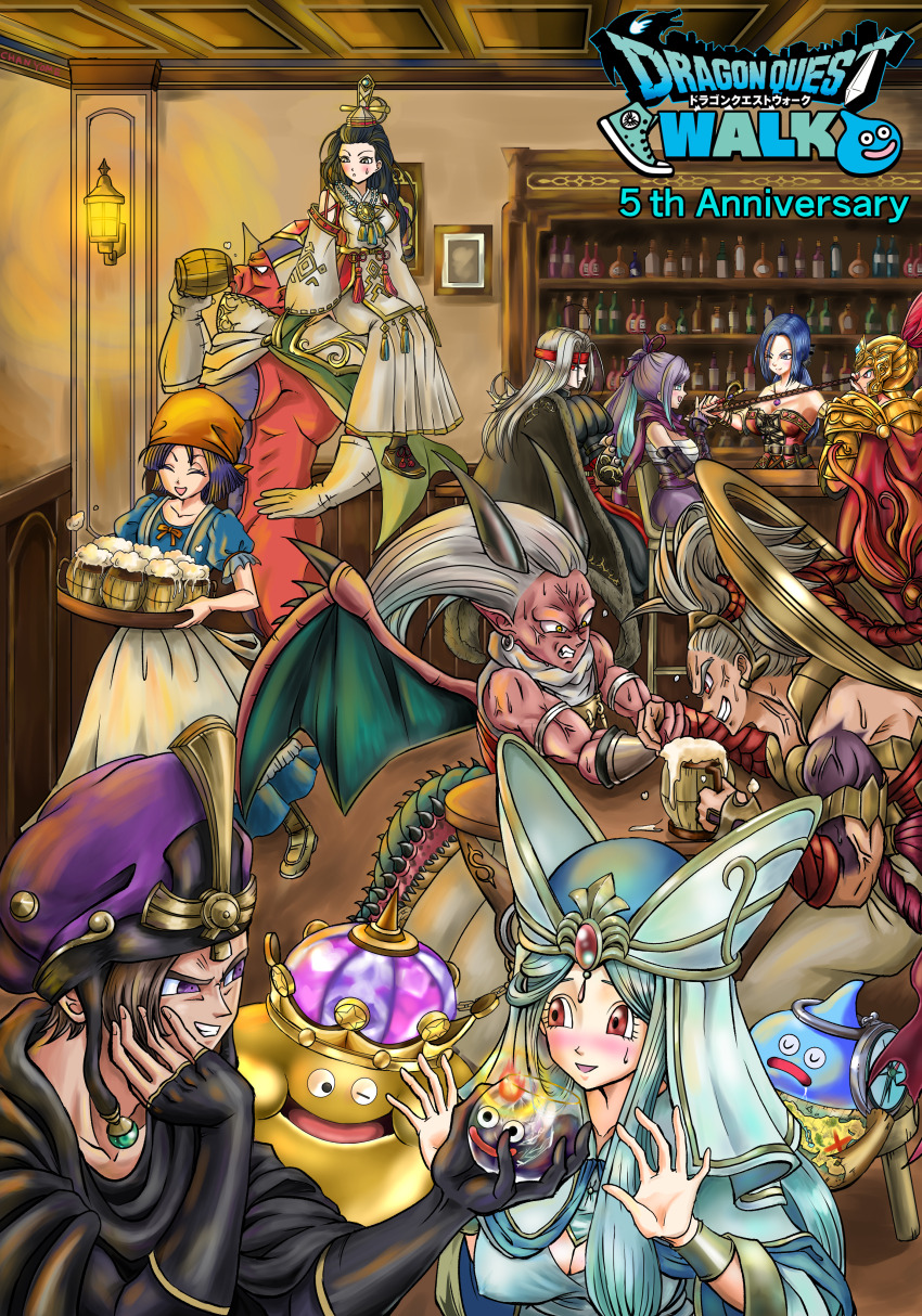 1other 5girls 6+boys absurdres alcohol anniversary aqua_hair aqua_robe arm_wrestling armlet armor bandana bar_(place) bat_wings beer black_gloves black_hair black_horns black_robe blue_hair blunt_ends bodice breasts brown_hair cape character_request cleavage clothing_request colored_skin commentary_request compass copyright_logo covered_erect_nipples crown dragon_quest dragon_quest_iii dragon_quest_iv dragon_quest_ix dragon_quest_walk everyone fingerless_gloves fur_cape gloves gold_armor grin hand_on_own_cheek hand_on_own_face hat highres holding holding_tray holding_whip horns in-franchise_crossover insomnia-terminal japanese_clothes jewelry king_slime_(dragon_quest) large_breasts long_hair looking_back low_ponytail map medallion monster_boy multicolored_hair multiple_boys multiple_girls muscular muscular_male official_style one_eye_closed open_mouth orange_bandana parted_hair pisaro pointy_ears ponytail purple_eyes purple_hair red_bodice red_eyes red_skin rikka_(dq9) robe ruida sarashi short_hair silver_armlet sitting slamichi sleeping slime_(dragon_quest) smile sweatdrop tail tokin_hat tray updo veins veiny_arms veiny_face white_hair wings yellow_eyes yuunagi_(dqw)