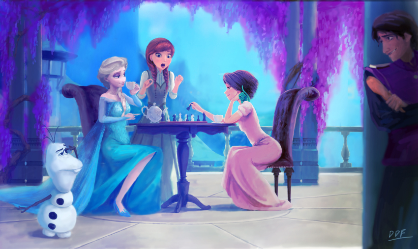1boy 3girls anna_(frozen) bare_shoulders blonde_hair blue_dress blue_eyes board_game braid brown_hair carrot chess company_connection crossover cup ddf disney dress drinking elsa_(frozen) eyeshadow flower flynn_rider freckles frozen_(disney) highres long_hair makeup multiple_girls official_style olaf_(frozen) pink_dress rapunzel_(disney) sequins short_hair siblings signature single_braid sisters slice_of_life spoilers tangled teacup teapot twin_braids wisteria