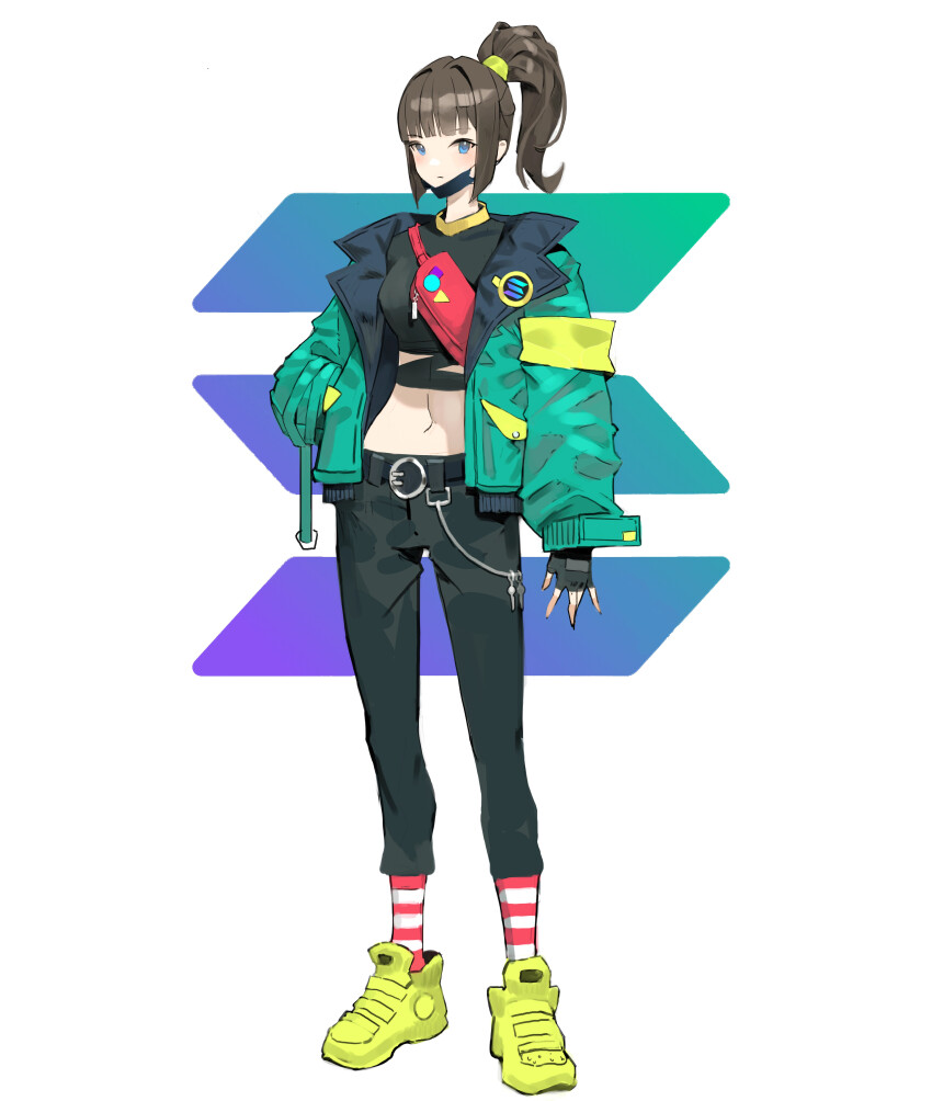 1girl absurdres aqua_jacket arowana2111 belt black_belt black_gloves black_pantyhose black_shirt blue_eyes blunt_bangs breasts brown_hair closed_mouth commentary crop_top denim fanny_pack fingerless_gloves full_body gloves hand_in_pocket highres jacket jeans long_sleeves medium_breasts medium_hair midriff navel open_clothes open_jacket original pants pantyhose ponytail red_bag red_socks shirt shoes sidelocks socks solo standing striped_clothes striped_socks white_background white_socks yellow_shoes