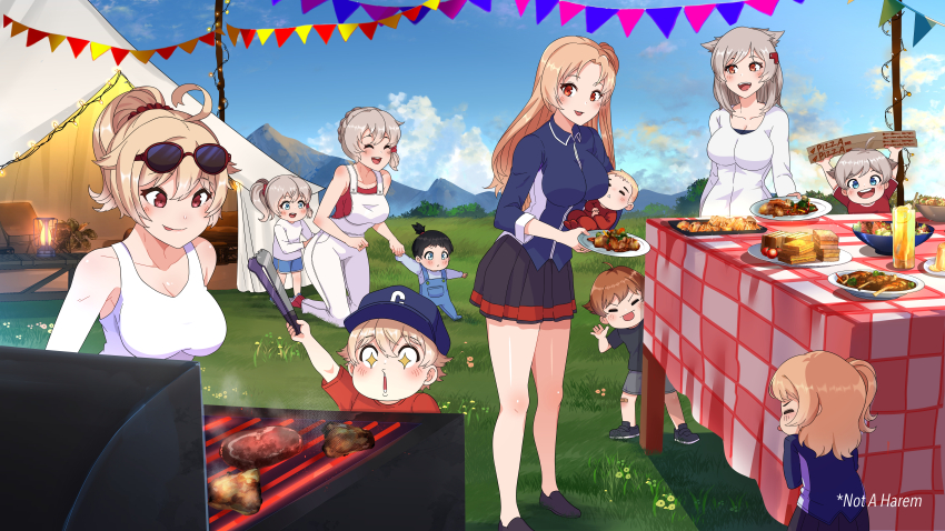 +_+ 5boys 6+girls absurdres ahoge alternate_breast_size alternate_costume alternate_hair_length alternate_hairstyle arms_up aunt_and_nephew aunt_and_niece azur_lane baby bandaid bandaid_on_knee bandaid_on_leg baseball_cap black_footwear black_hair black_shirt black_skirt blonde_hair blowing_raspberry blue_eyes blue_jacket blue_overalls blue_shirt blue_shorts blue_sky blush box brother_and_sister brothers canned_sardines cardigan carrot carrying_baby carrying_person chair chicken_(food) child cleveland_(azur_lane) closed_eyes closed_mouth cloud columbia_(azur_lane) commentary commission cooking cousins cup day denver_(azur_lane) drinking_glass english_commentary english_text eyewear_on_head food full_body gelatin grass grey_hair grey_shorts grill grilling hair_flaps hair_ornament hairband hat hiding hiding_behind_another high_ponytail highres holding holding_box holding_plate jacket jewelry kneeling lantern lemonade licking_lips long_hair long_sleeves meat medium_hair montpelier_(azur_lane) mother_and_daughter mother_and_son mountainous_horizon multiple_boys multiple_girls one_side_up open_mouth outdoors overalls pajamas parted_bangs pennant picnic pink_eyes pizza_box plant plate playing pleated_skirt ponytail red_eyes red_footwear red_hair red_hairband red_pajamas red_shirt red_trim ring salad sandwich second-party_source shirt shirt_under_shirt shoes short_hair short_sleeves shorts siblings skirt sky sleeping smile smoke steak sunglasses table tablecloth tank_top tent thighs toddler tomato tongue tongue_out tree twins utensil vegetable walking wedding_ring white_cardigan white_overalls white_shirt white_tank_top