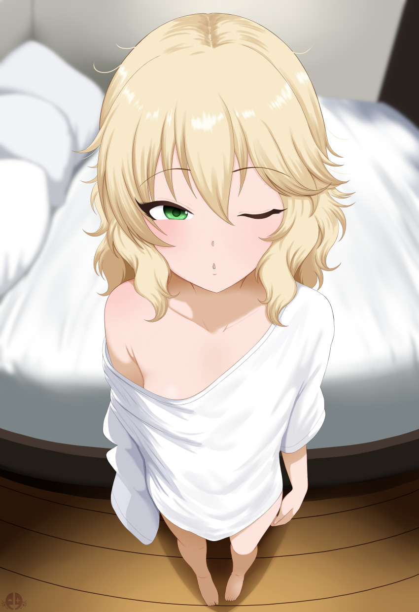 1girl absurdres bad_tag bed blonde_hair blush breasts feet full_body green_eyes highres idolmaster idolmaster_cinderella_girls idolmaster_cinderella_girls_u149 indoors legs loli long_hair looking_at_viewer mrhunking one_eye_closed pillow sakurai_momoka shirt small_breasts solo thighs toes white_shirt